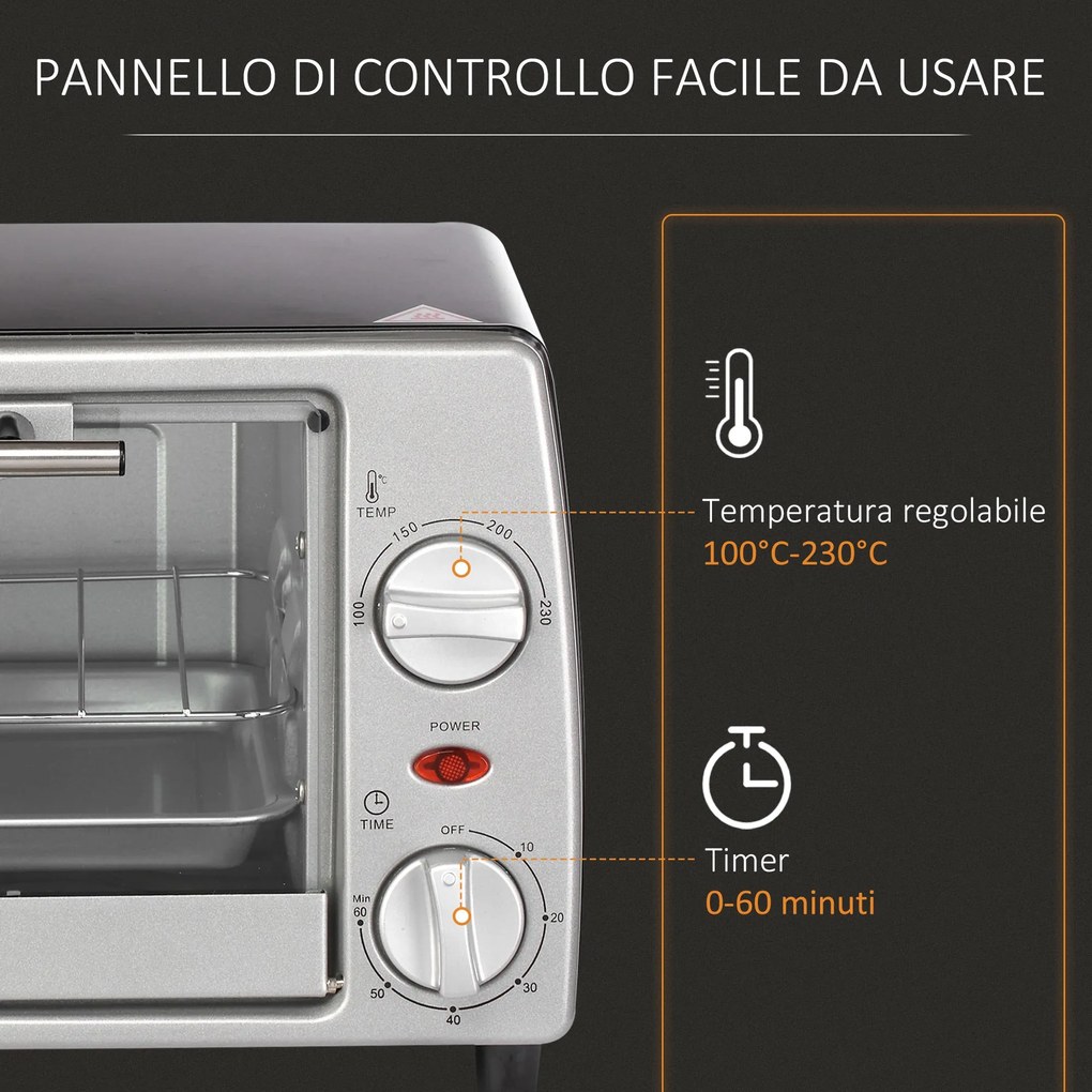 Fornetto Elettrico 750W 10 Litri con Griglia e Teglia Argento e Nero...