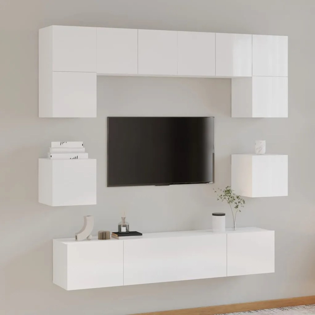 Set mobili porta tv 8pz bianco lucido in legno multistrato