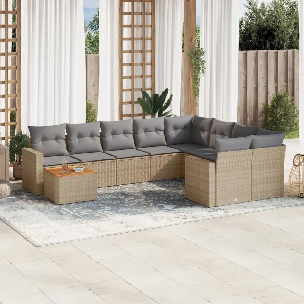 Set Divano da Giardino 10 pz con Cuscini Beige in Polyrattan