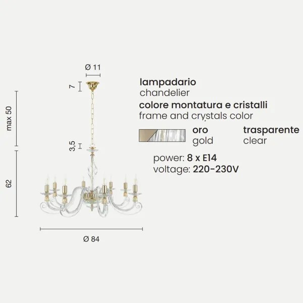 Lampadario a sospensione 1306 in vetro soffiato lavorato a mano 8 luci D84 cm ORO