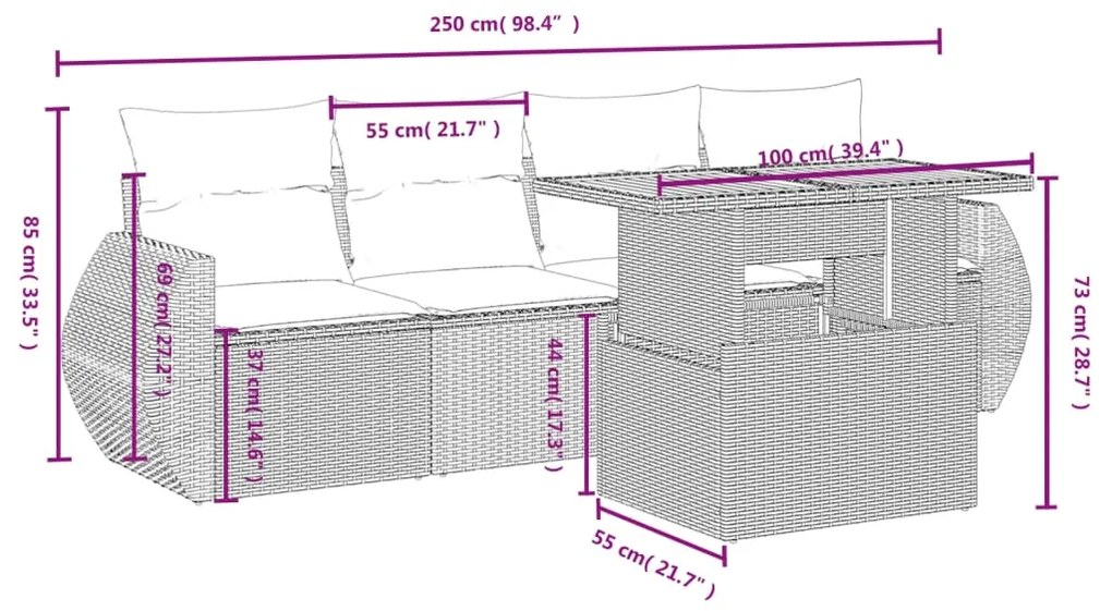 Set divano da giardino 5 pz con cuscini beige in polyrattan