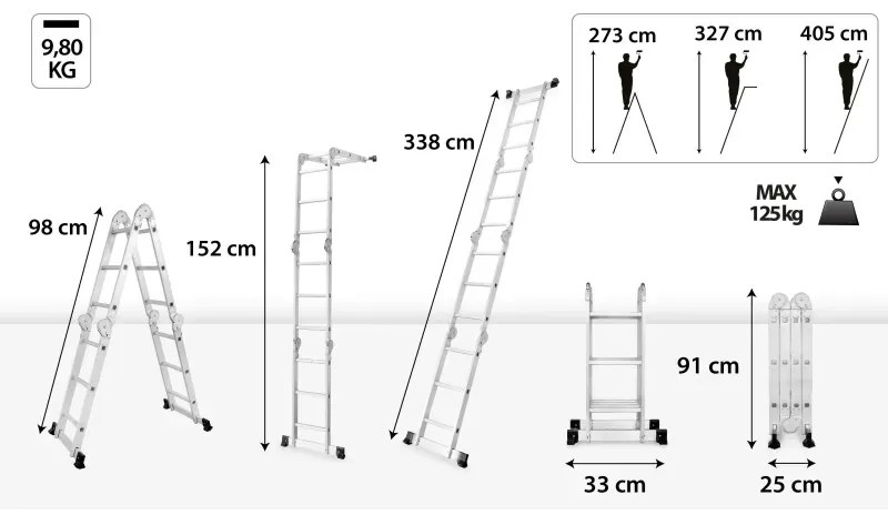 Scala multifunzionale in alluminio 4 x 3 gradini - 125 kg