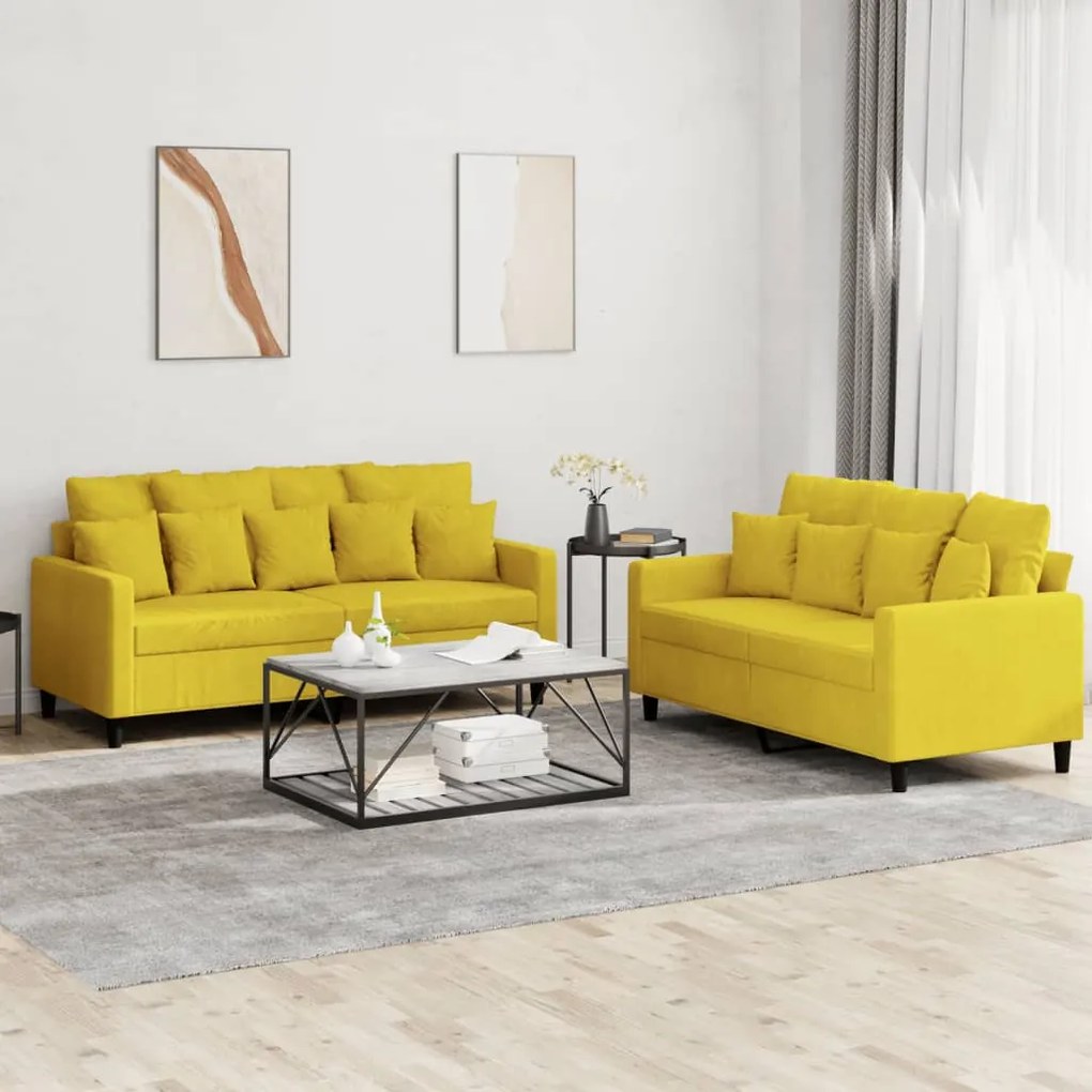 Set Di Divani 2 Pz Con Cuscini Giallo İn Velluto /