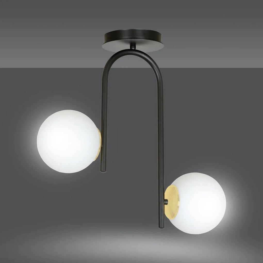 Lampadario 2 Luci Kalf In Acciaio Nero A Bracci E Sfere In Vetro Opalino E Oro