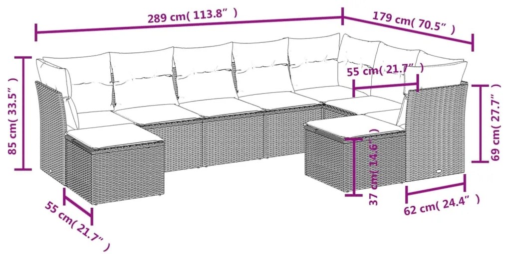 Set divano da giardino 9 pz con cuscini grigio in polyrattan