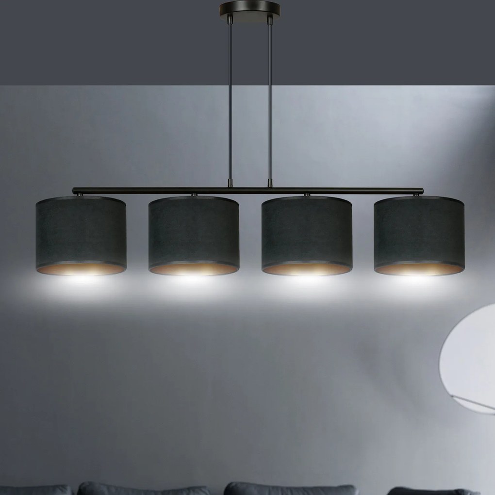 Lampadario 4 Luci Ganesha In Acciaio Nero E Paralumi In Tessuto Nero