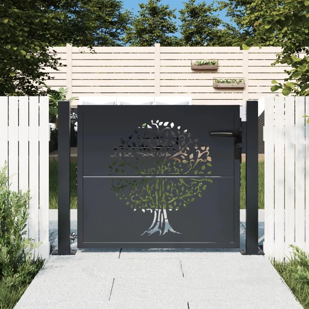 Cancello Giardino Antracite 105x80 Cm İn Acciaio Design Albero /