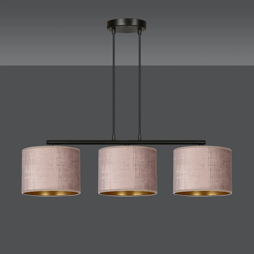 Lampadario 3 Luci Ganesha In Acciaio Nero E Paralumi In Tessuto Rosa