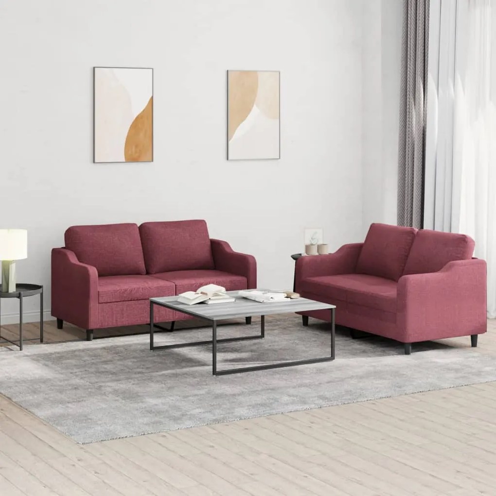 Set Di Divani 2 Pz Con Cuscini Rosso Vino İn Tessuto /