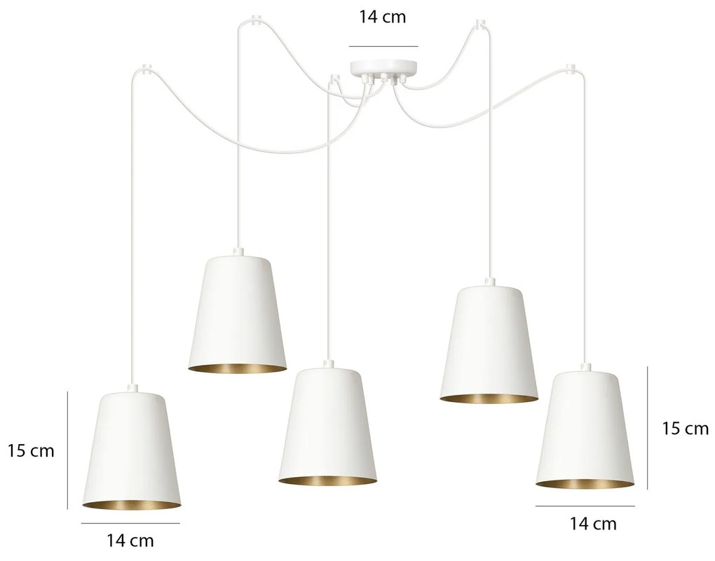 Lampadario 5 Luci Link In Acciaio Cavo Lungo E Paralumi Cono Bianco E Oro