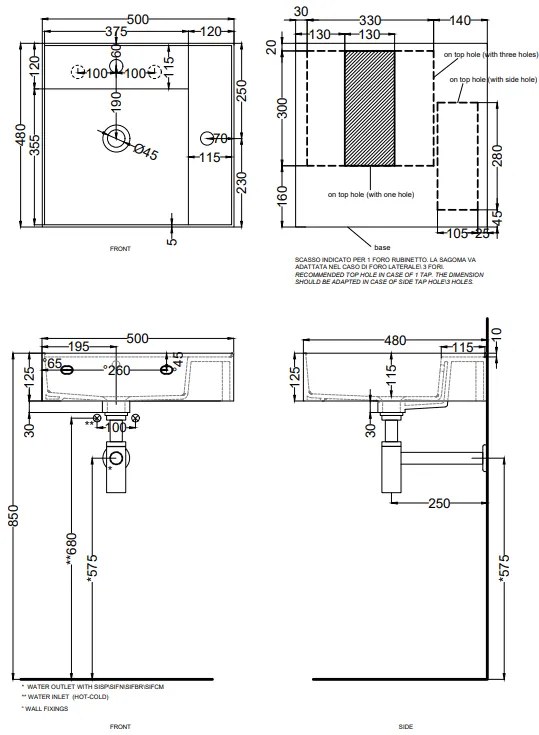 Cielo Enjoy Lavabo 50x48 Sospeso O Da Appoggio Rettangolare Con Troppopieno Bianco lucido