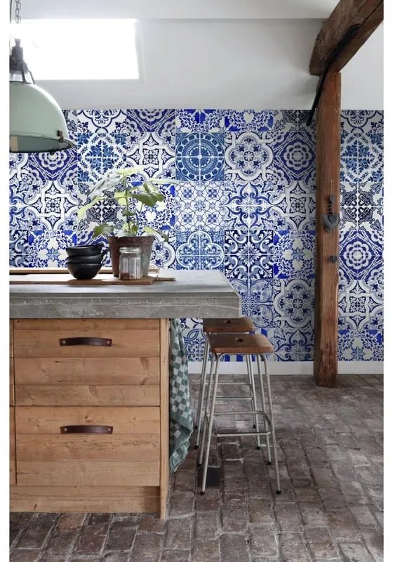 Carta da parati Tessere Grandi blu, 46.5 cm x 8.37 m