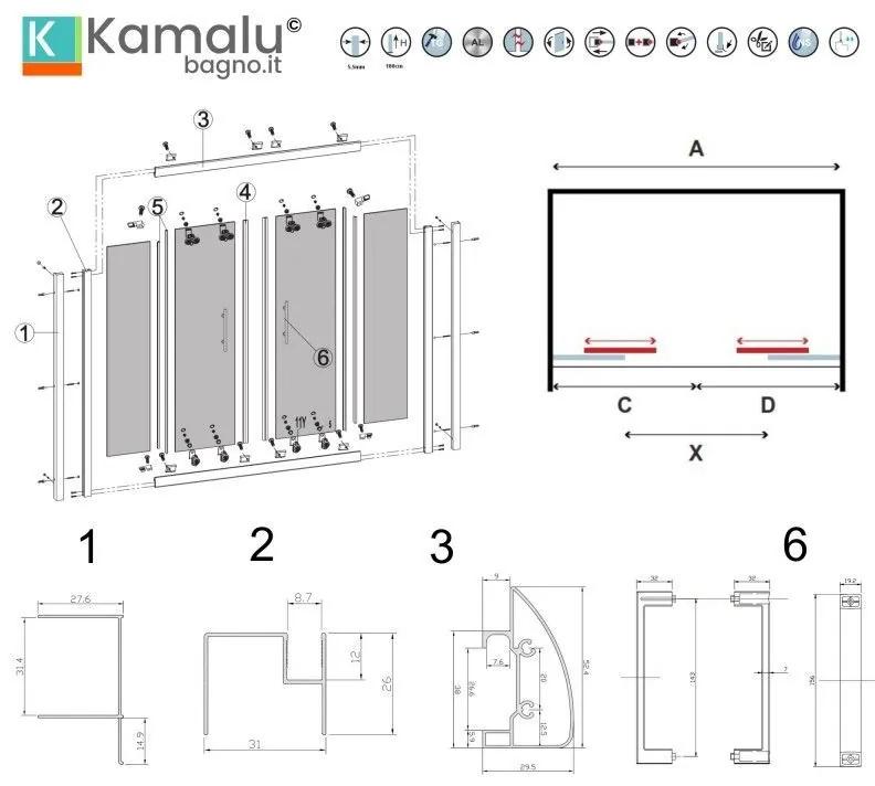 Kamalu - nicchia doccia 170cm doppio scorrevole altezza 180cm | kam-knf6000