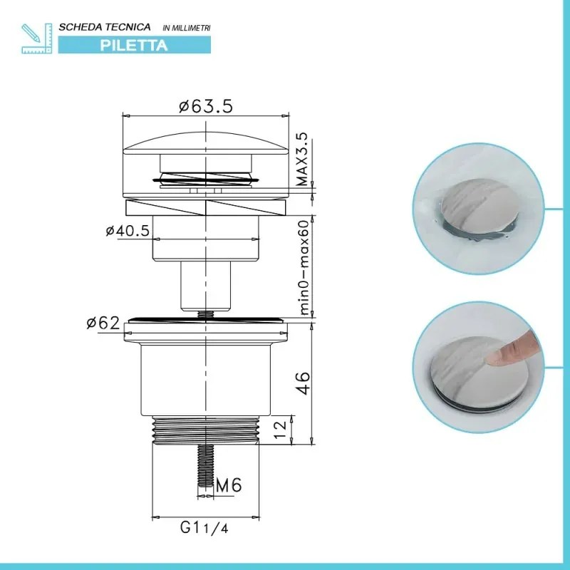 Piletta di scarico clic clac effetto marmo bianco con e senza troppopieno