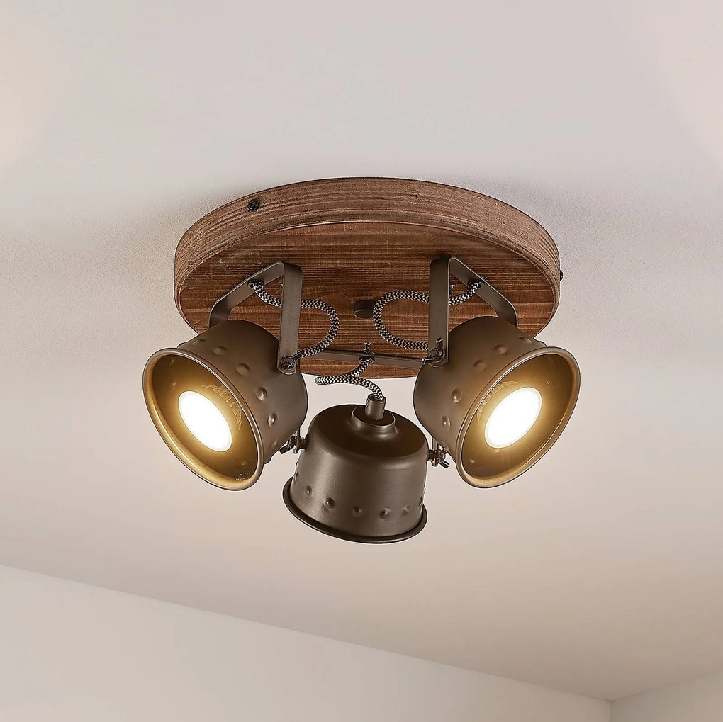 Faretto da soffitto Lindby Rubinjo, Ø 31 cm, 3 luci, legno