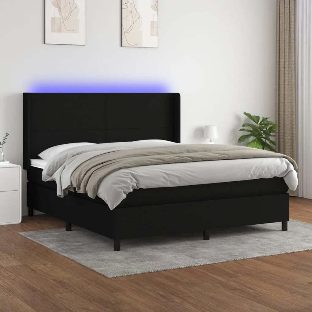 Letto a molle con materasso e led nero 160x200 cm in tessuto