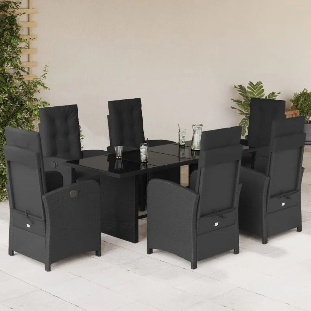 Set da pranzo da giardino 7 pz nero con cuscini in polyrattan