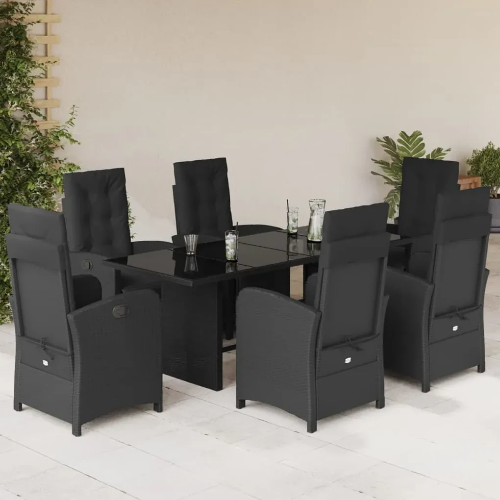 Set da pranzo da giardino 7 pz nero con cuscini in polyrattan