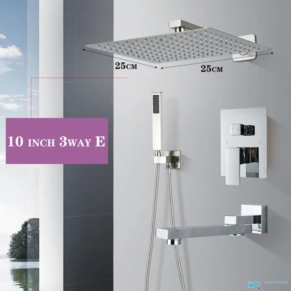 Pannello doccia da incasso EYN PT04042 in ottone con LED, getti multipli e più finiture — Senza uscita inferiore — 30 cm