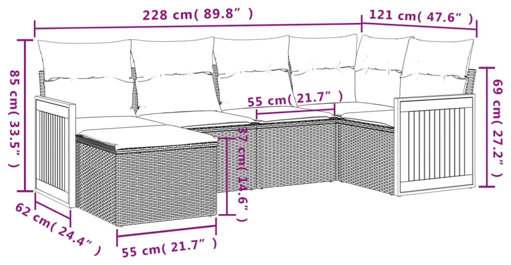 Set divano da giardino 6 pz con cuscini beige in polyrattan