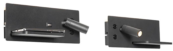 Set di 2 lampade da parete nere con LED, USB e caricabatterie a induzione - Riza