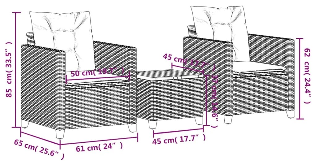 Set da Bistrò 3 pz con Cuscini Nero Polyrattan e Legno Acacia