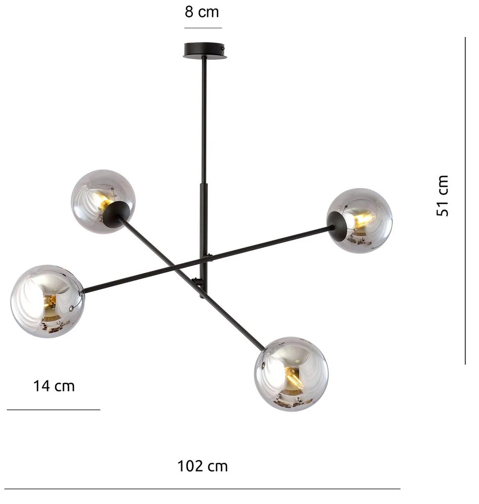 Lampadario 4 Luci Linear In Acciao Nero Con Bracci Regolabili E Vetro Fumè