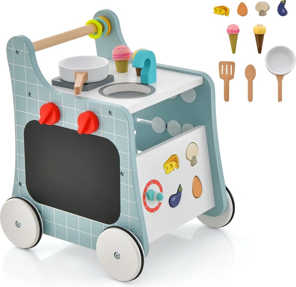 Costway Primi passi per bambini in legno 6 in 1, Carrellino primi passi per spingere e tirare con cucina giocattolo 2 Colori