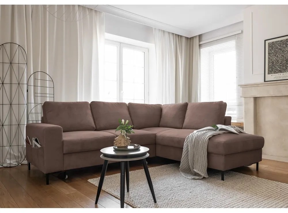 Divano letto angolare in velluto a coste marrone (angolo destro) Lofty Lilly - Miuform