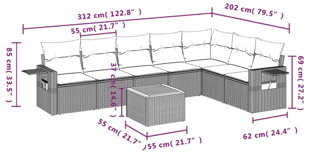 Set divani da giardino con cuscini 8 pz nero in polyrattan