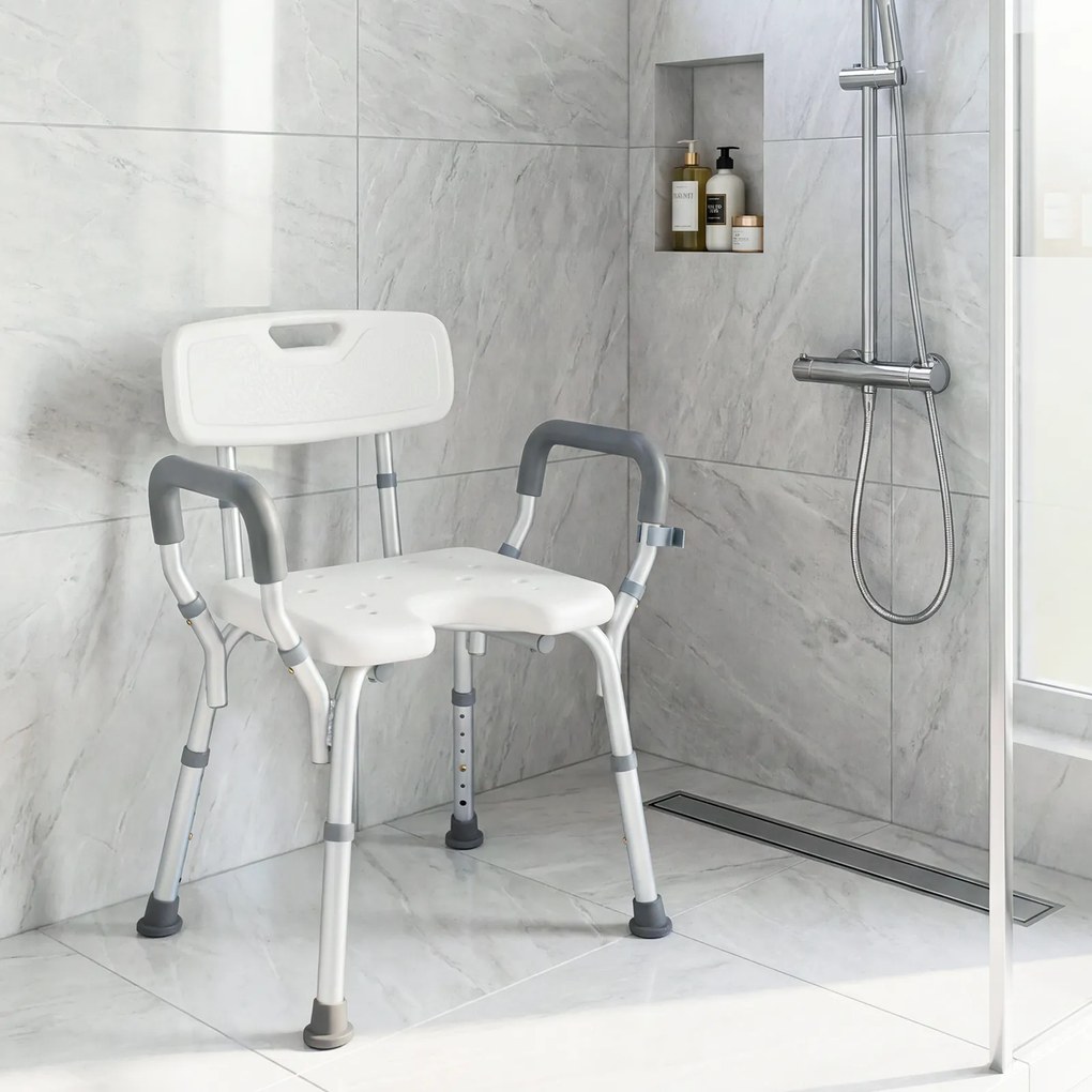 Costway Sedia da doccia antiscivolo braccioli e schienale altezza regolabile, Sgabello da doccia per anziani disabili e gravidanza Bianco