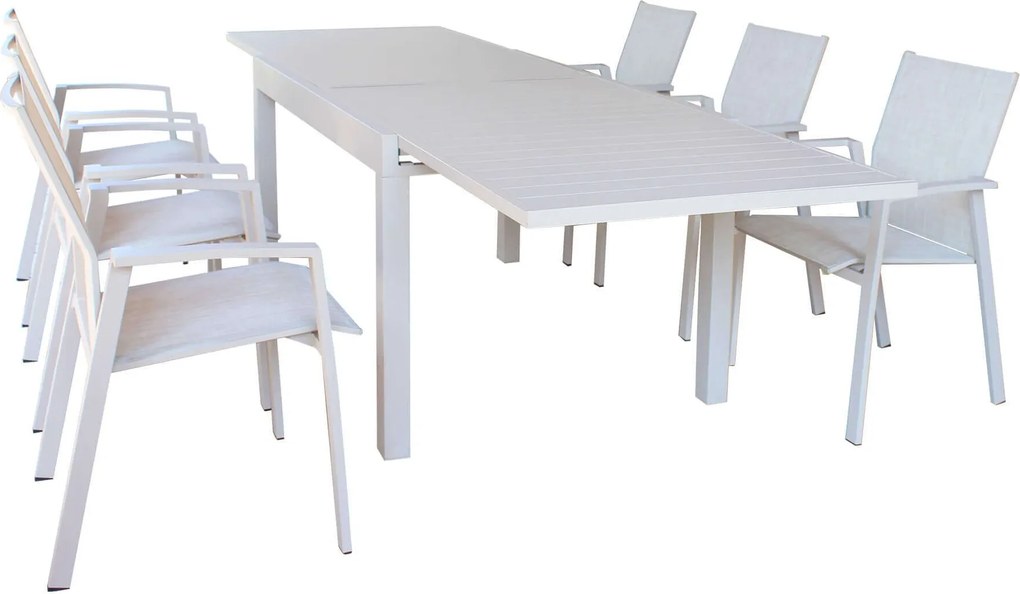 JERRI - set tavolo in alluminio cm 135/270 x 90 x 75 h con 6 poltrone Lotus