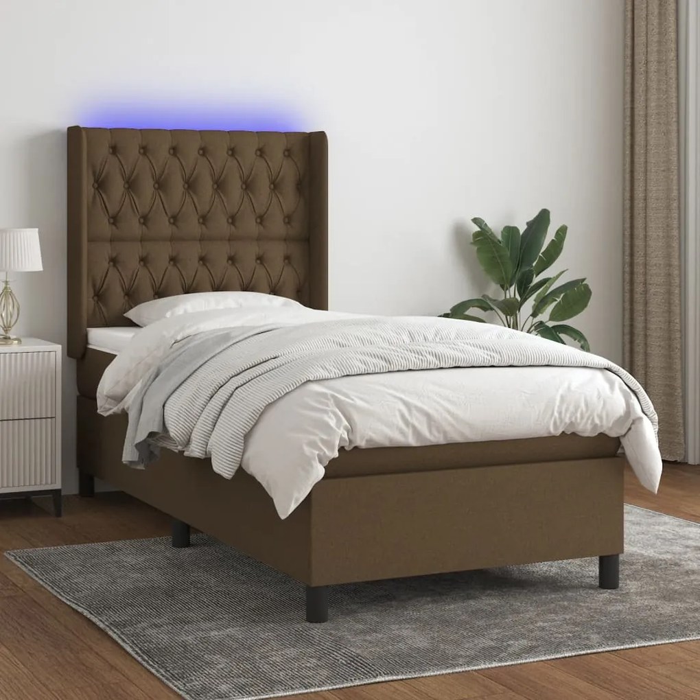 Letto a molle materasso e led marrone scuro 90x200cm in tessuto