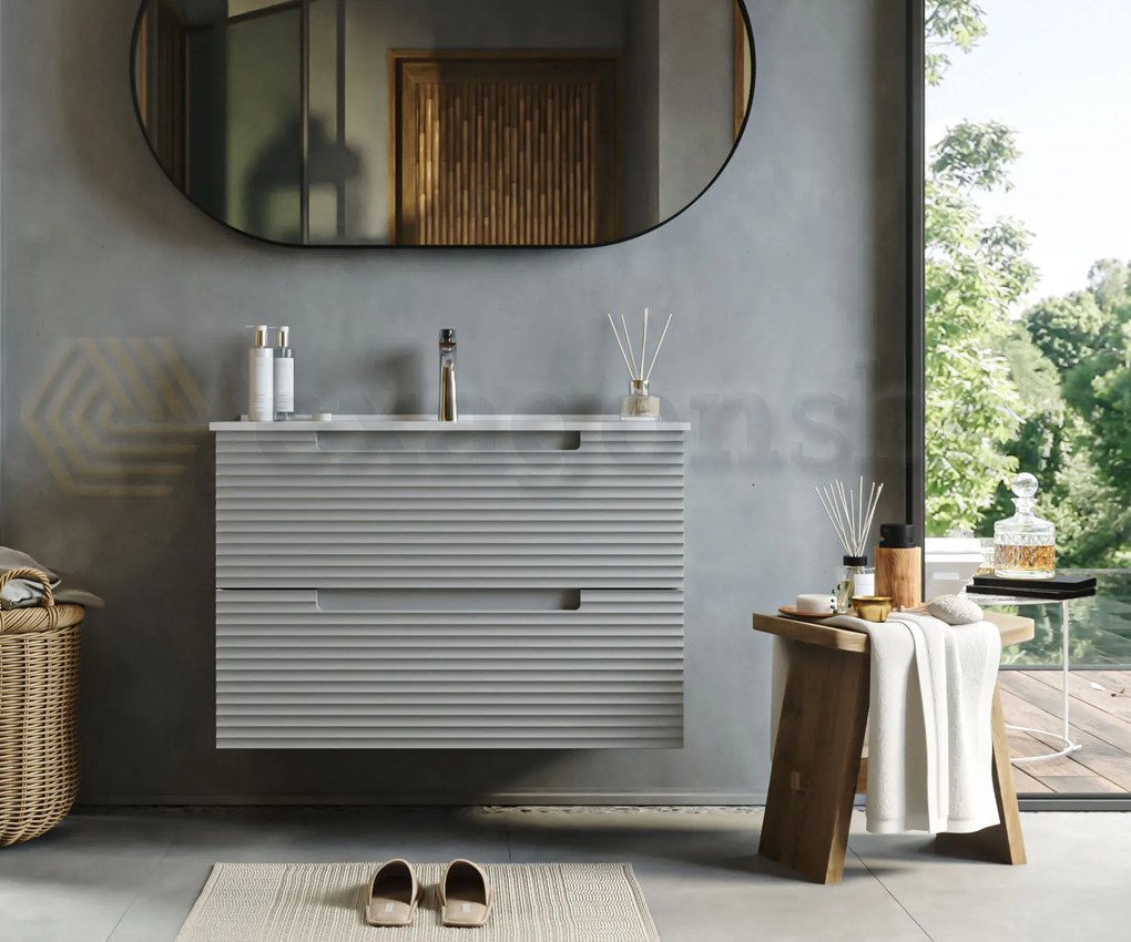 Mobile bagno clear grey 80x45 Mango due cassetti maniglia incassata con lavabo in ceramica lucida