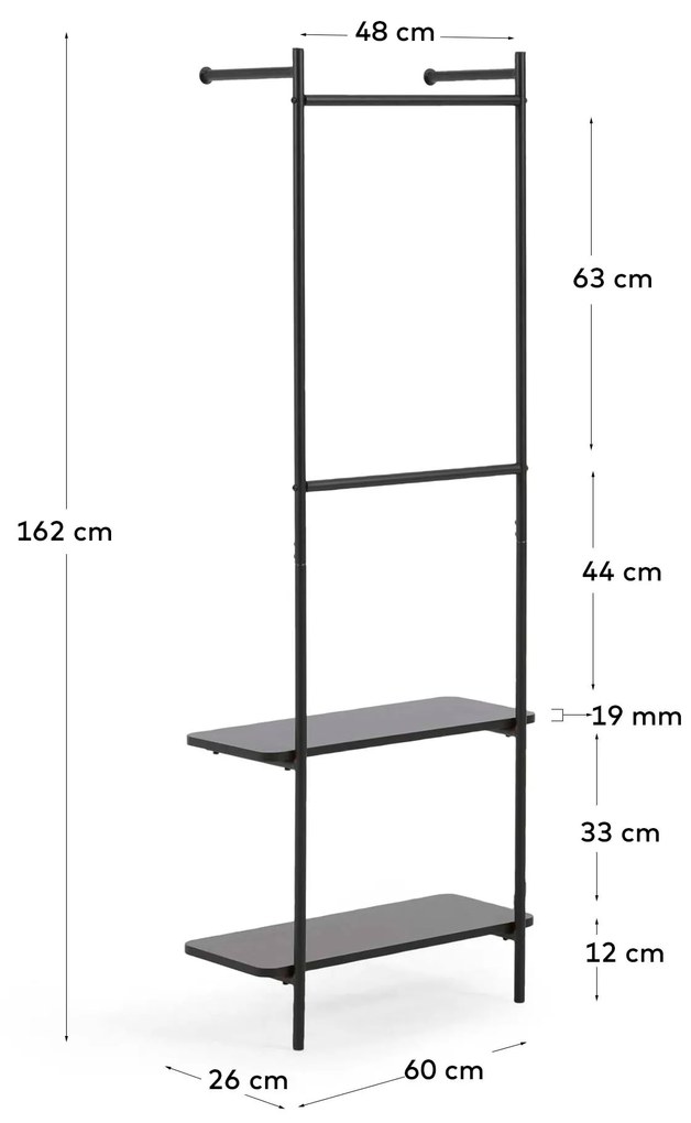 Kave Home - Stand appendiabiti Galatia in melamina e metallo con finitura verniciata nera 60 x 162 cm
