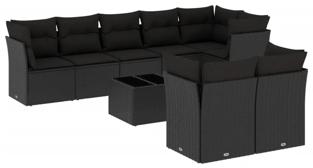 Set divani da giardino 9 pz con cuscini nero in polyrattan