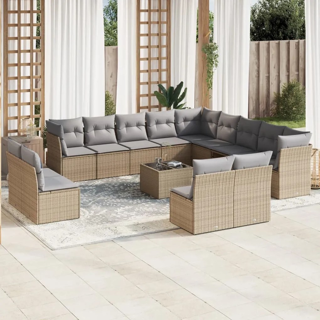 Set divani da giardino 14pz con cuscini in polyrattan beige