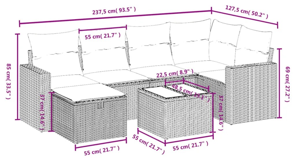 Set divani da giardino 7pz con cuscini grigio chiaro polyrattan