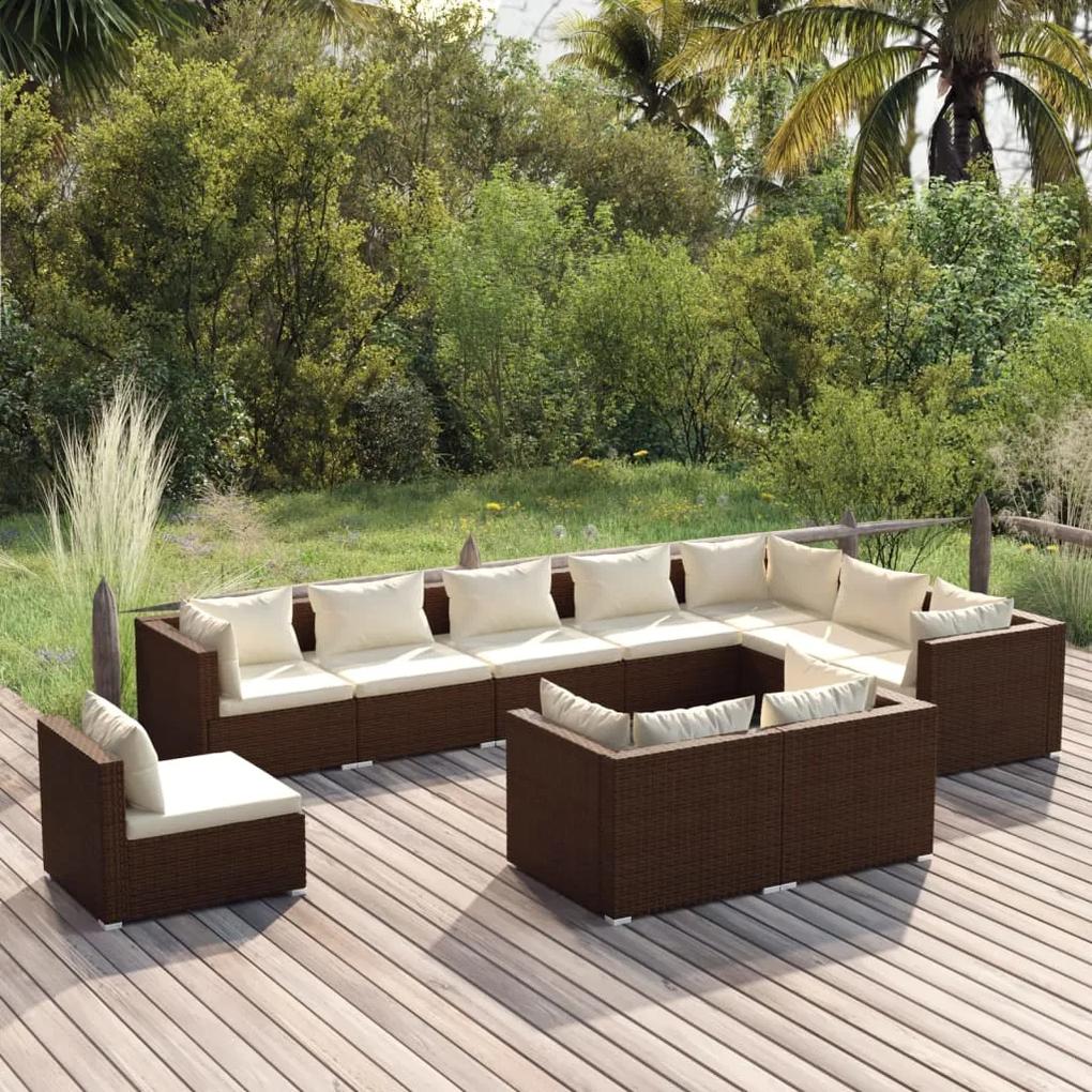 Set mobili da giardino 10 pz con cuscini in polyrattan marrone