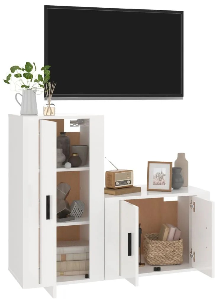 Set di mobili porta tv 2 pz bianco lucido in legno multistrato
