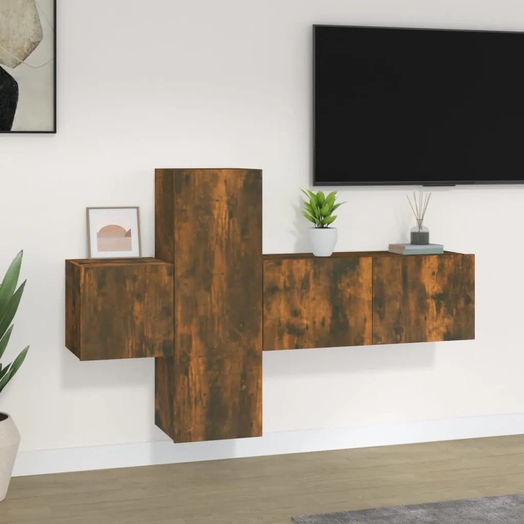 Set Mobili Porta Tv 3 Pz Rovere Fumo İn Legno Multistrato /