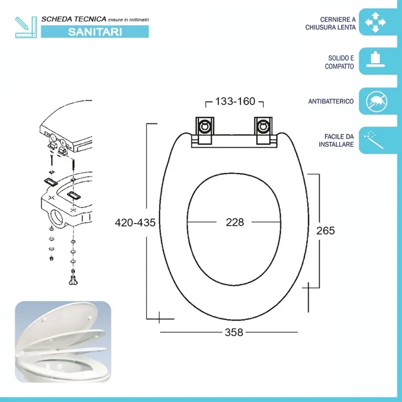 Sedile wc soft close bianco in termoindurente