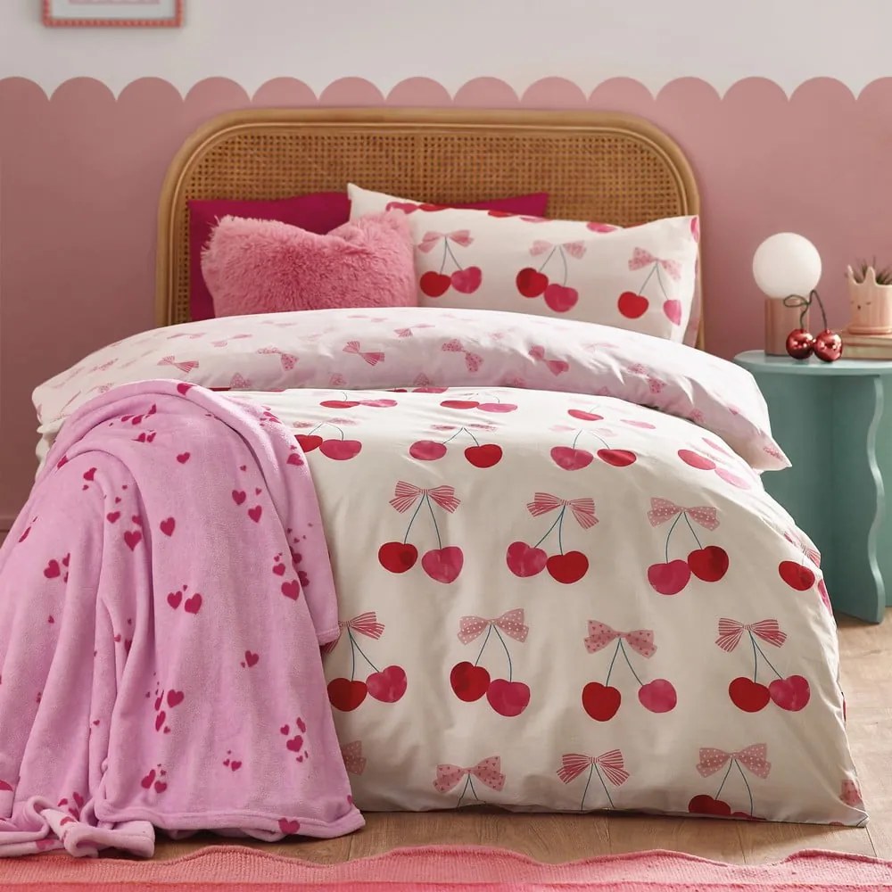 Set copripiumino e federa bianco e rosa per letto singolo 135x200 cm Cherries and Bows – Catherine Lansfield