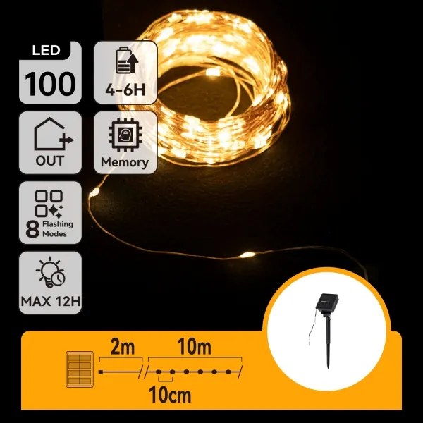 Aigostar - Catena solare LED 100xLED/8 funzioni 12m IP65 bianco caldo