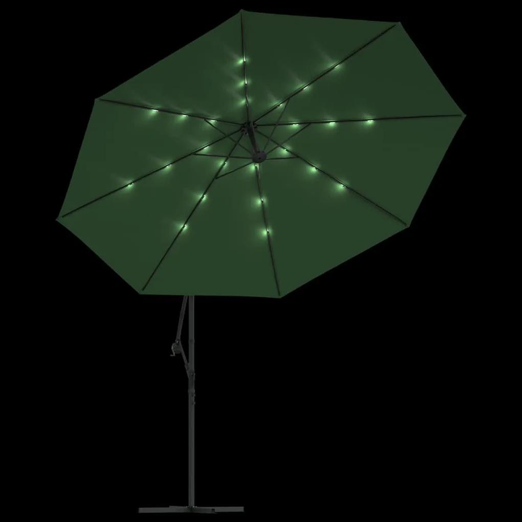 Ombrellone a Sbalzo con LED e Palo in Metallo 350 cm Verde
