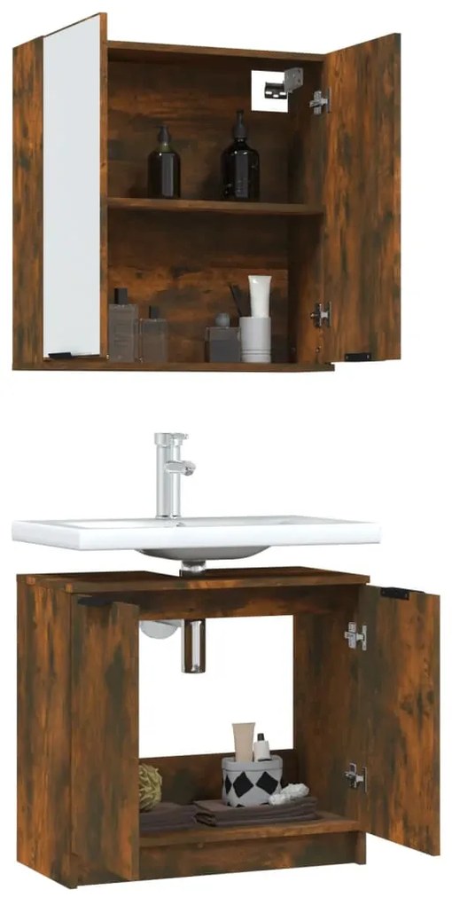 Set mobili da bagno 2 pz rovere fumo in legno multistrato