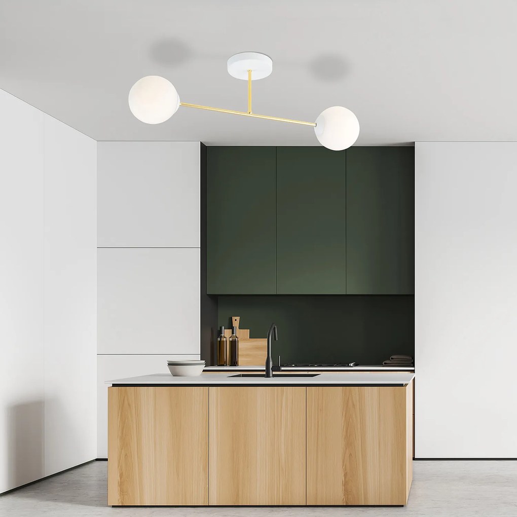 Plafoniera Moderna Magnium 2 Luci In Acciao Oro E Sfere In Vetro Bianco