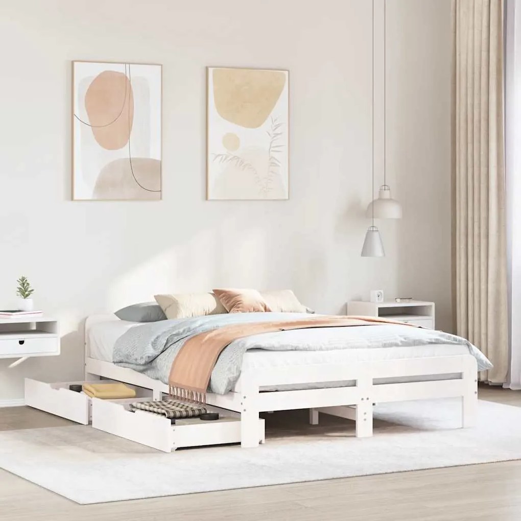 Letto Senza Materasso Bianco 140x200 Cm Legno Massello Di Pino /