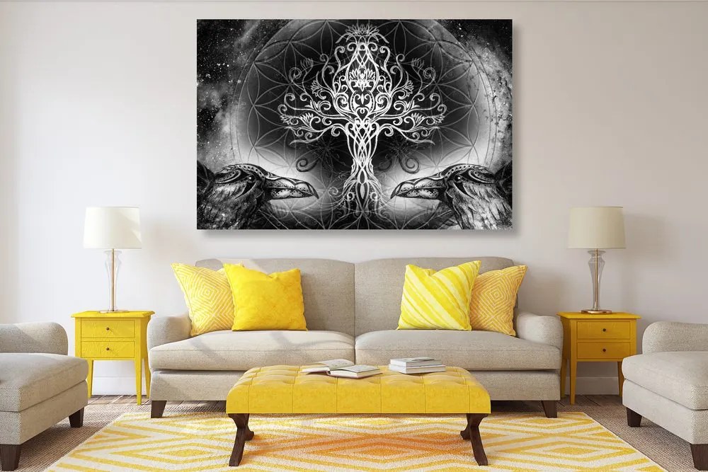 Quadro su tela – Corvi e albero della vita in bianco e nero