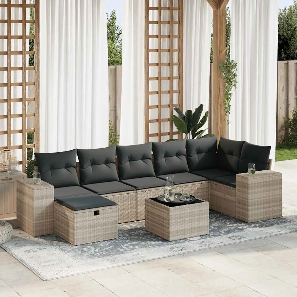 Set divano da giardino 8pz con cuscini grigio chiaro polyrattan